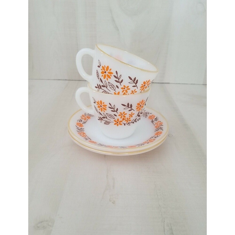 Vintage Crisa 2 Cups and Saucers set of 4 Brown leaves Orange flowers